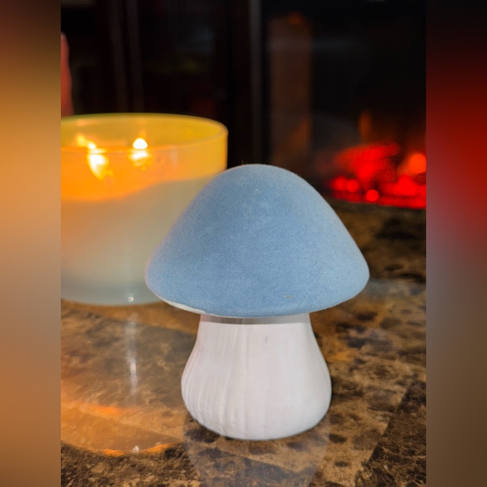 🍄 Blue Felt Top Ceramic Mushroom Cottagecore Fairy Decor